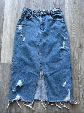 Zara Blue Denim Distressed Front Slit Midi Jean Skirt Size S